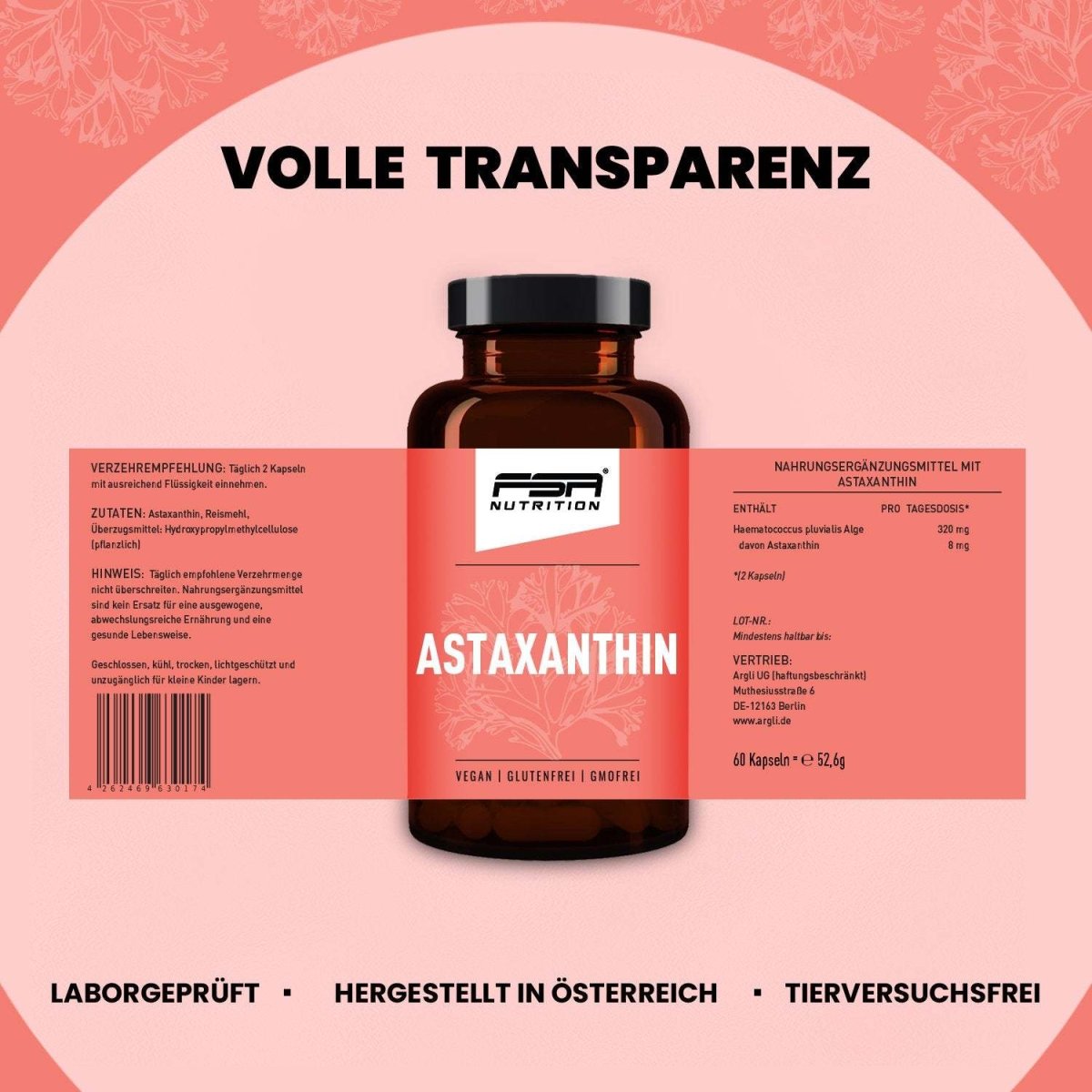 FSA NUTRITION - Astaxanthin im Glas - 60 Kapseln