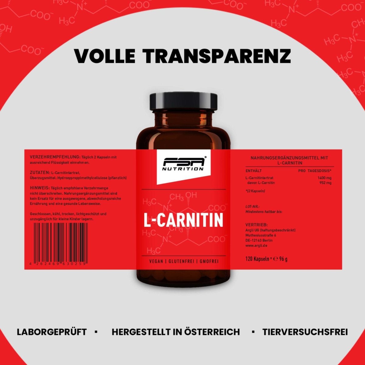 FSA NUTRITION - L - Carnitin im Glas - 120 Kapseln