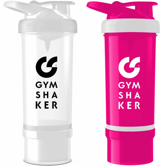 GYMSHAKER 2er Pack Protein Shaker mit Pulverfach - Weiß, Pink