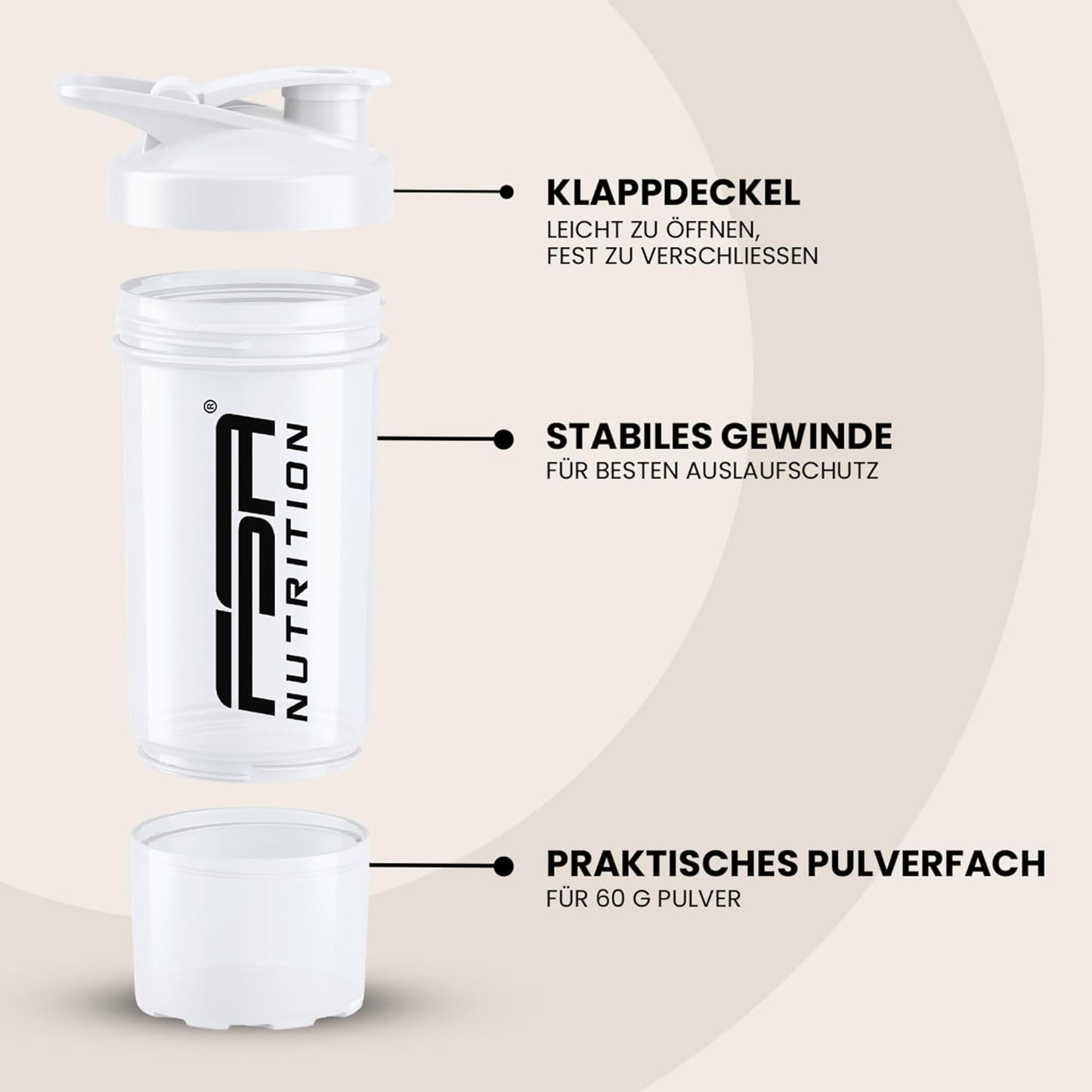Protein Shaker with Powder Compartment and Whisk Ball White