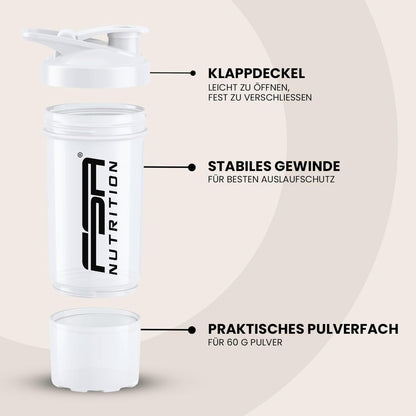 Protein Shaker with Powder Compartment and Whisk Ball White