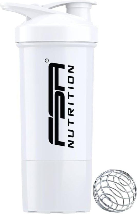 Protein Shaker mit Pulverfach und Kugel Weiß