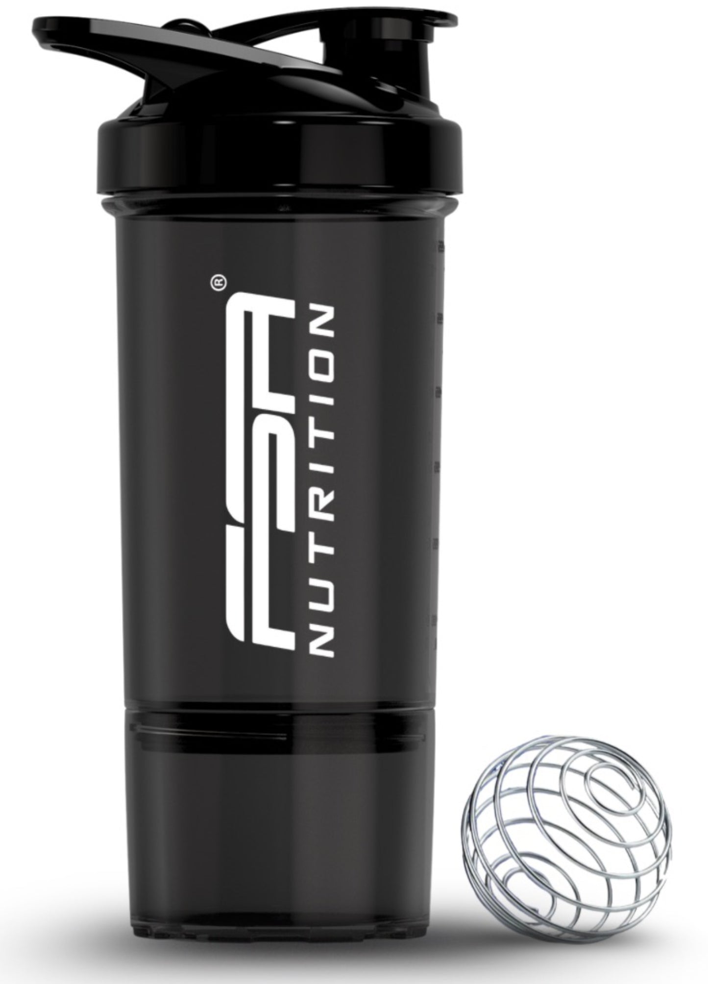 Protein Shaker mit Pulverfach und Kugel Schwarz