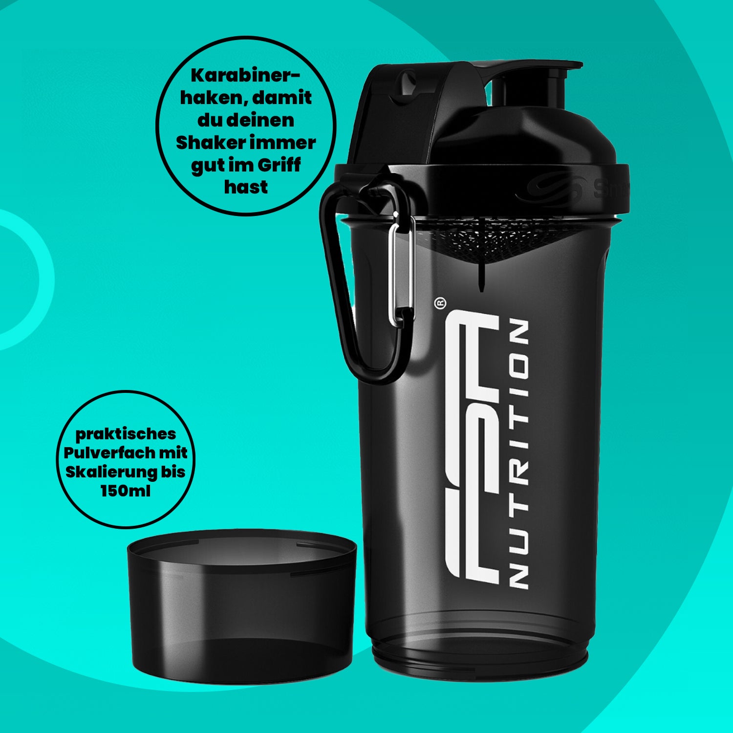 Protein Shaker mit Pulverfach Schwarz