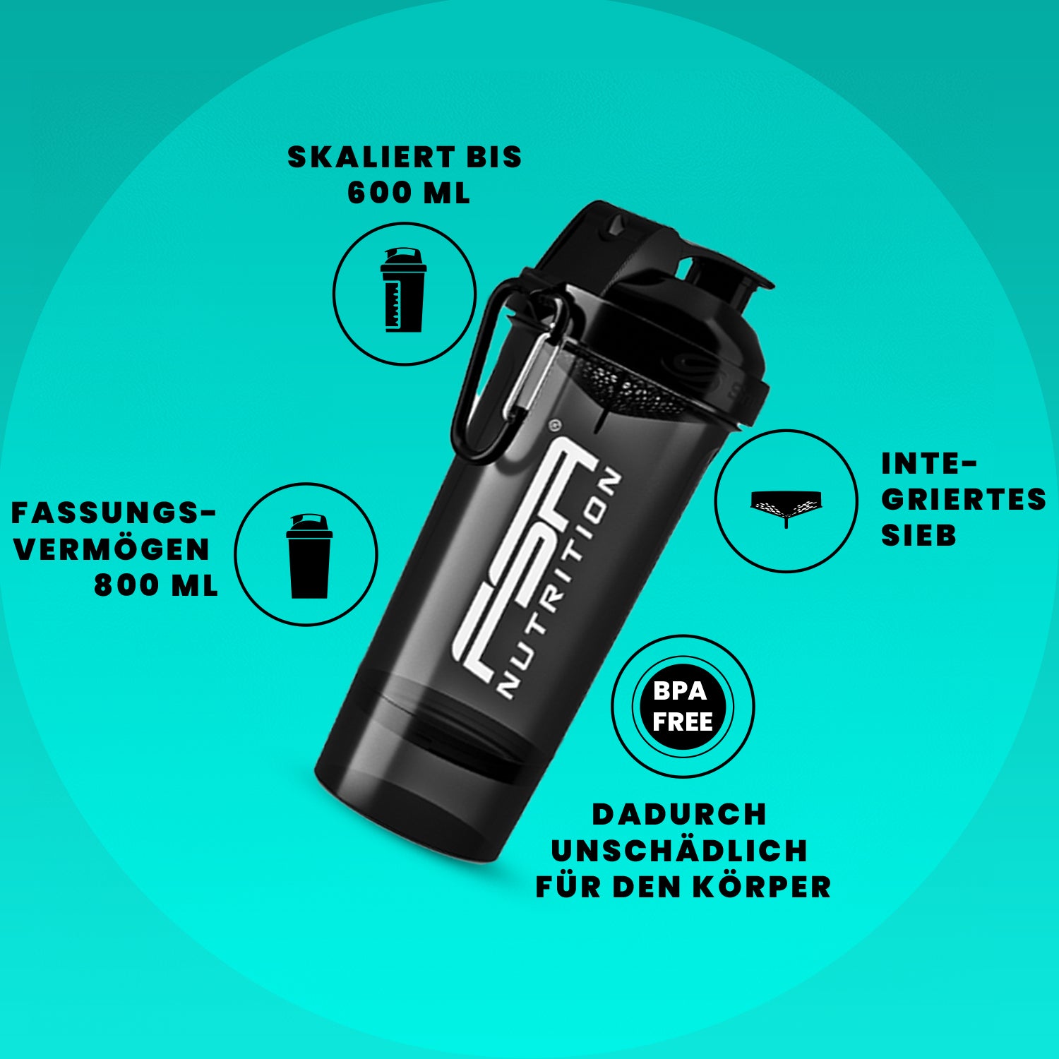 Protein Shaker mit Pulverfach Schwarz