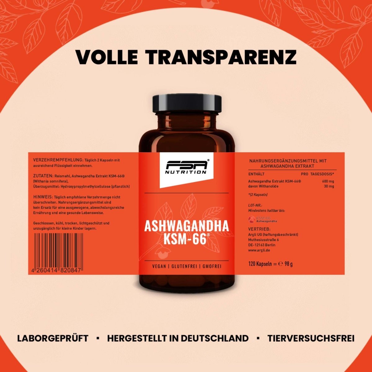 FSA NUTRITION - Ashwagandha KSM - 66 im Glas - 120 Kapseln - 3er Spar - Set