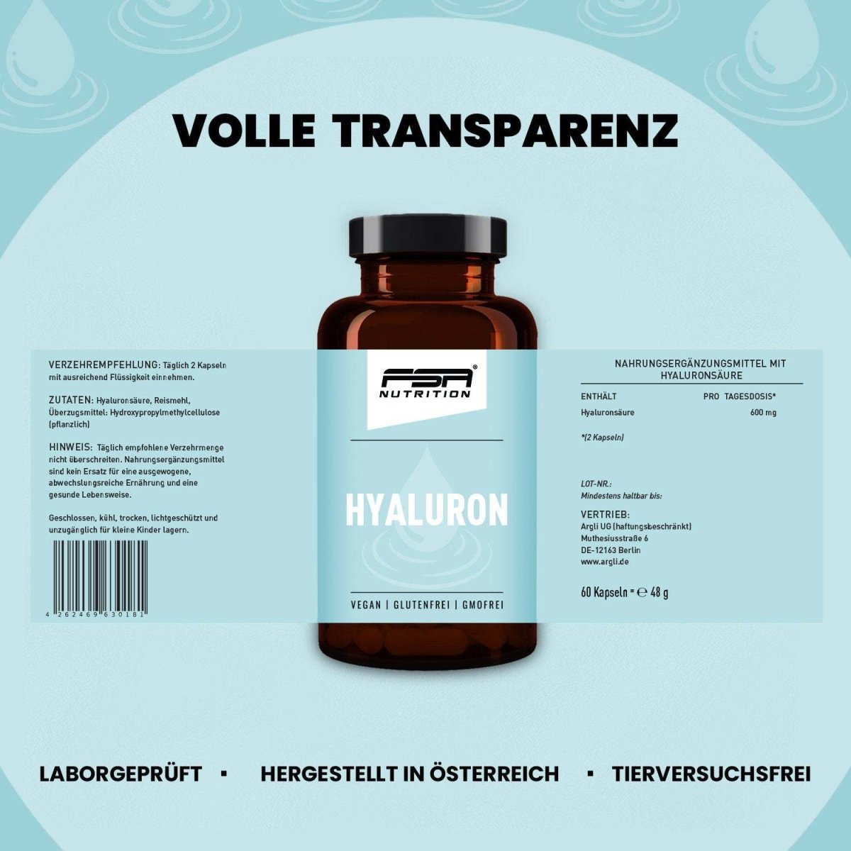 FSA NUTRITION - Hyaluron im Glas - 60 Kapseln