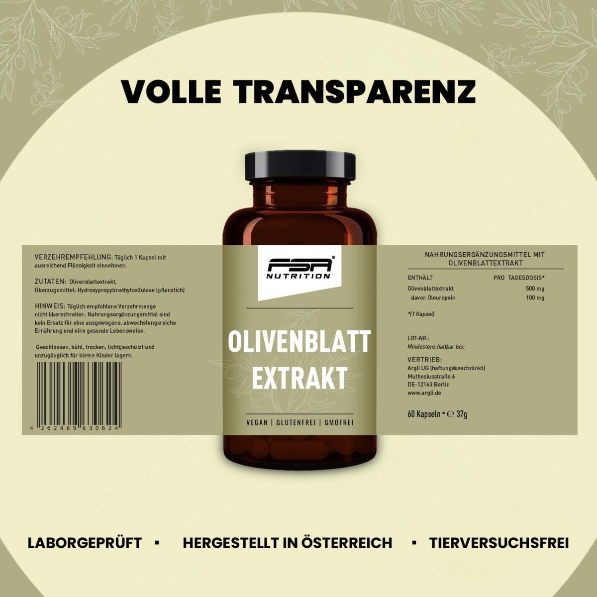 FSA NUTRITION - Olivenblatt Extrakt im Glas - 60 Kapseln