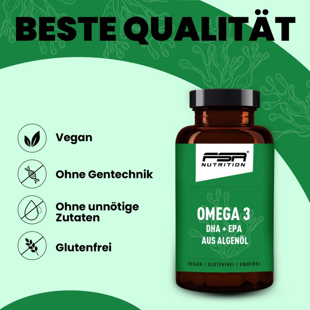 FSA NUTRITION - Omega 3 DHA + EPA aus Algenöl im Glas - 60 Kapseln