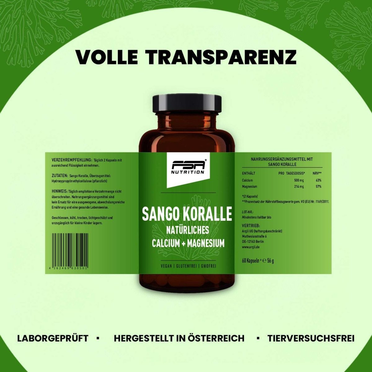 FSA NUTRITION - Sango Koralle - Calcium + Magnesium im Glas - 60 Kapseln