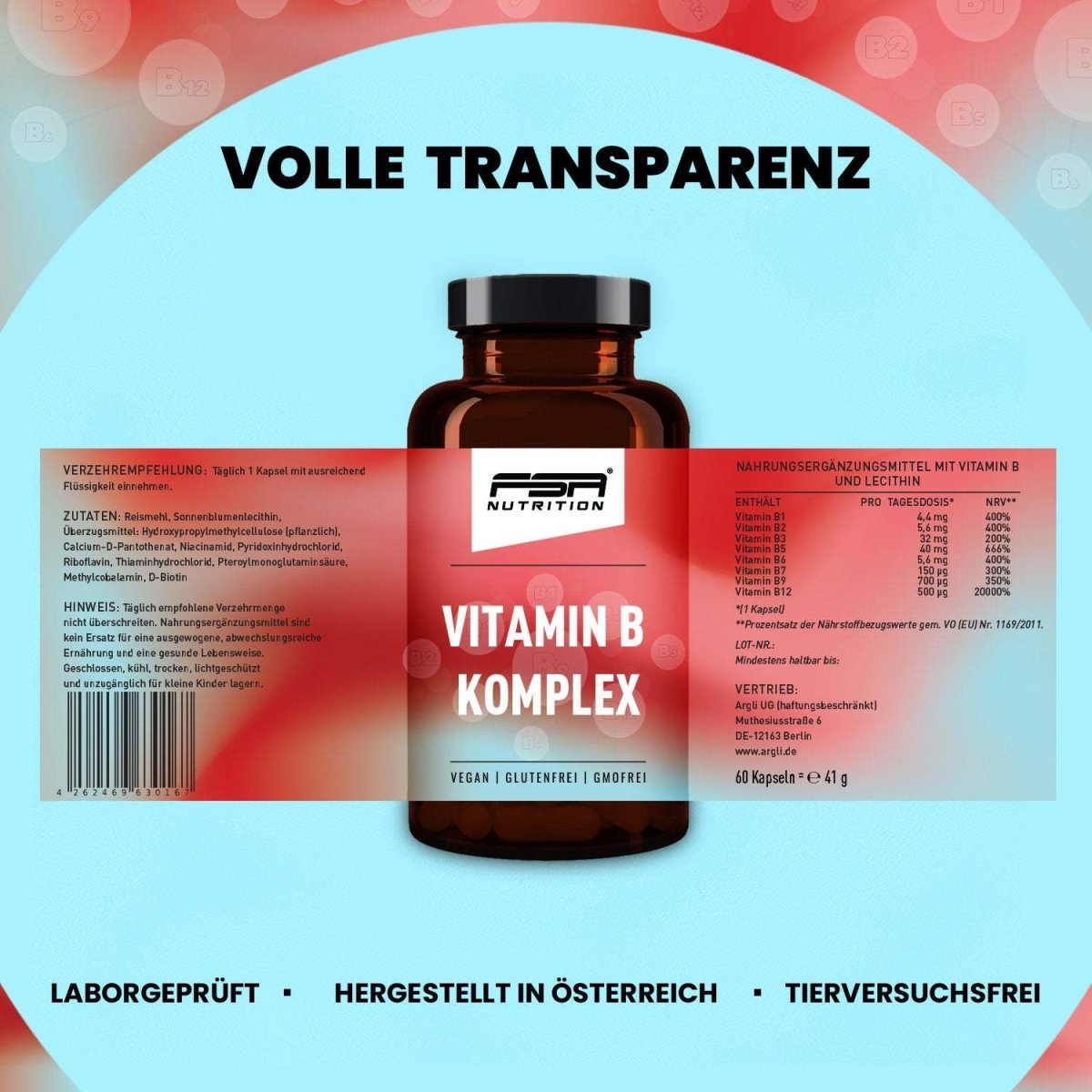 FSA NUTRITION - Vitamin B Komplex im Glas - 60 Kapseln